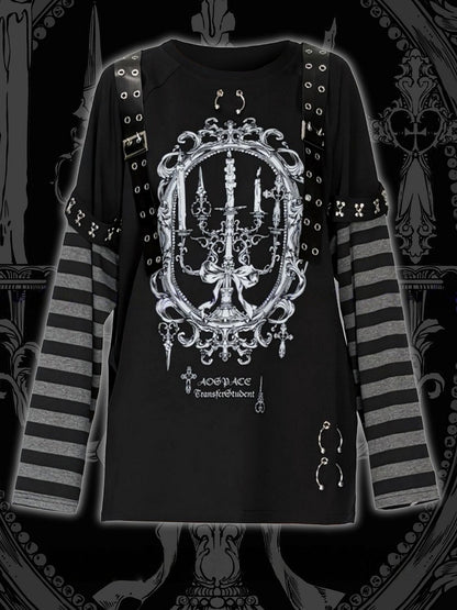 Leather Straps Black Long-Sleeve Punk Decorated Kei Top Gray Candle Printed Striped Jirai