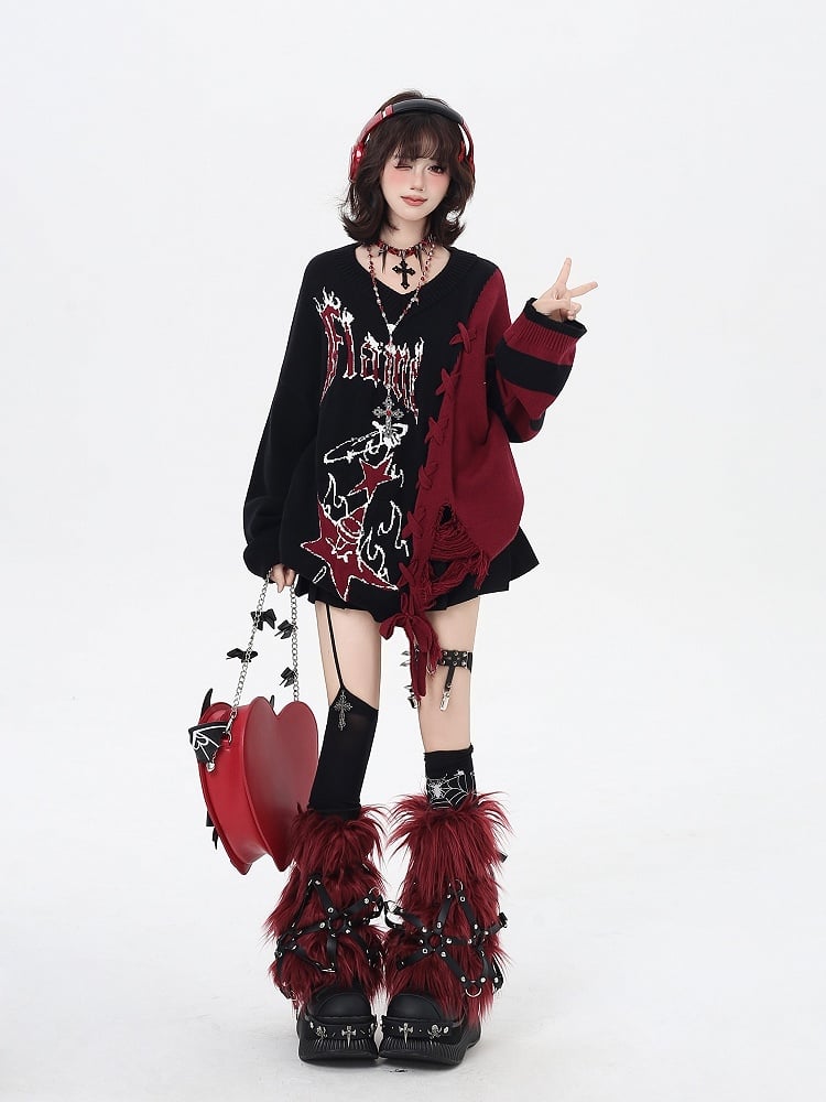 in V-Neck Sweater with Colorblock / Hem Detail and Blue Lace-Up Black Red Distressed