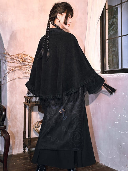 Y-Placket Embroidery Five-Poison Gothic Cape Black with Fringe Hem
