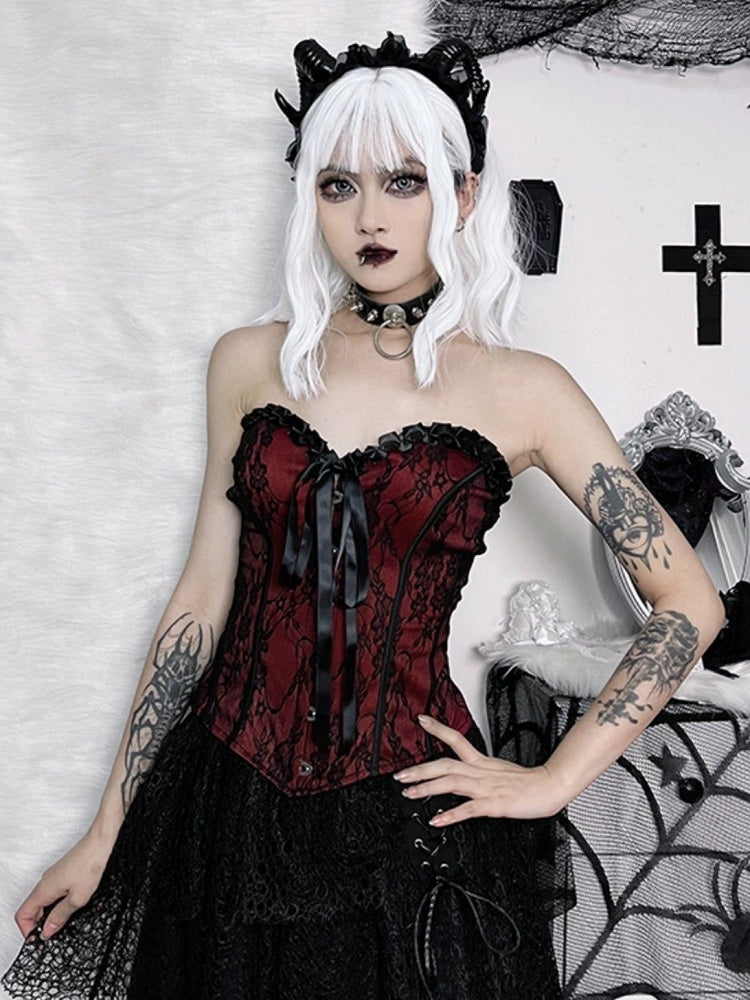Halloween Gothic Red Ribbon Corset Floral Bow Top Detail Black Embroidery with