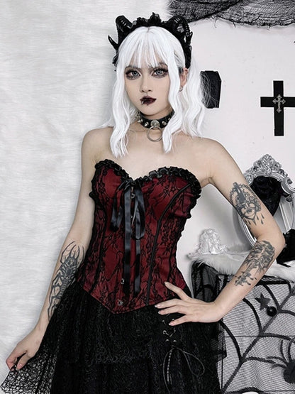 Halloween Gothic Red Ribbon Corset Floral Bow Top Detail Black Embroidery with