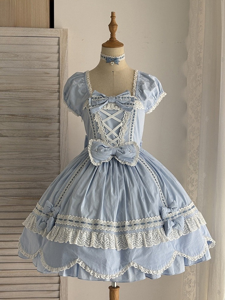 und kurzes Stück blau One Neckline Puff Old Lolita School Ärmel Baumwollkleid Square
