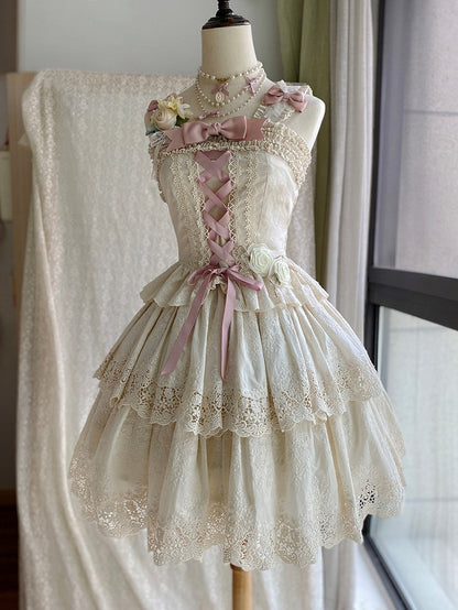 Beige Multi-layer Ruffles Elegant Lolita Skirt Floral Embroidery Details - Miss Point