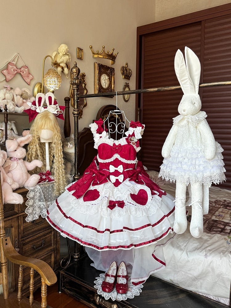 Red Rabbit Theme Lolita Cake JSK Dress KC Train Bow Full Set - Sweet Dream