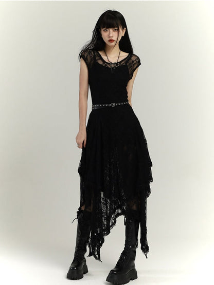 Gothic Black Round Neck Lace Handkerchief Hem Dress