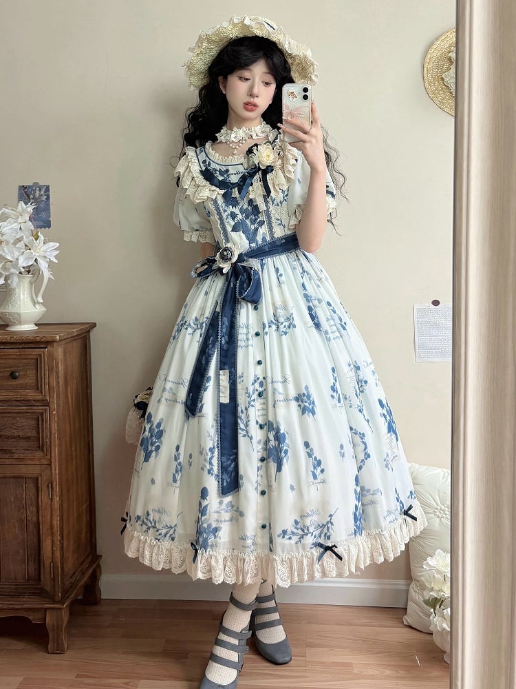 Poetry‌ Print Blue and Sizes Classic Sash Dress Plus with Available Self-tie Elegant Mulberry Lolita
