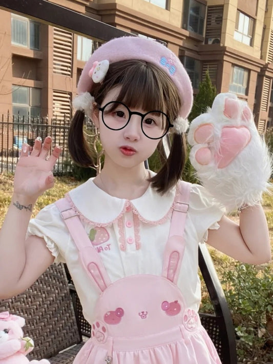 ピンクホワイトピーターパンカラーパフスリーブブラウスコントラストトリムパターンストロベリー