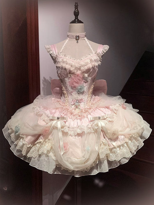ピンクの花柄妖精ボーン入りコルセットウエスト花嫁プリンセスロリータドレス