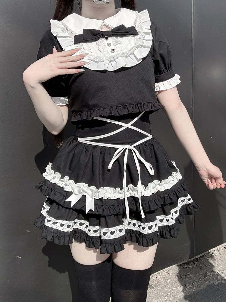 Black & White Peter Pan Collar Top + Tiered Skirt Set - Bug Starting