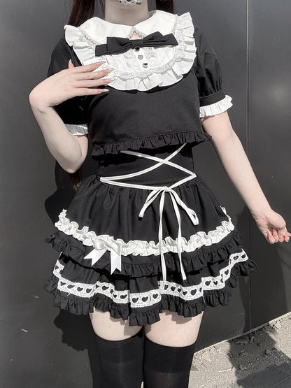 Black & White Peter Pan Collar Top + Tiered Skirt Set - Bug Starting