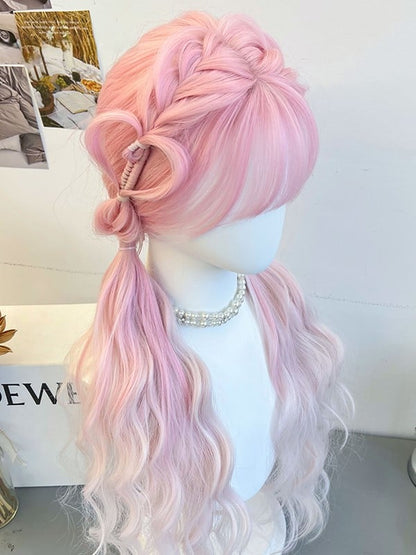 Synthetic Air Bangs Braided Pink With Wig