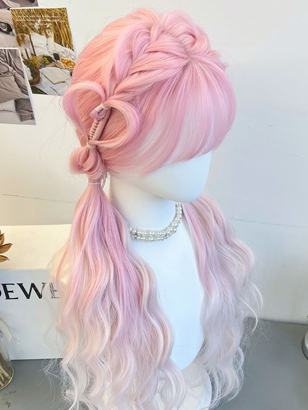 Wig Synthetic With Air Pink Braided Bangs