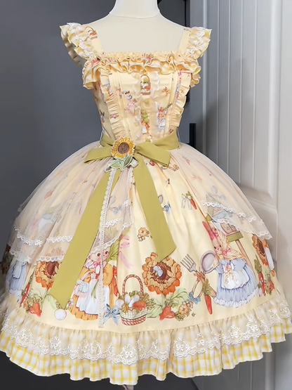 Lolita Overlay Sweet Plaid Bunny Print with and Yellow Dress JSK Sunflower Hem