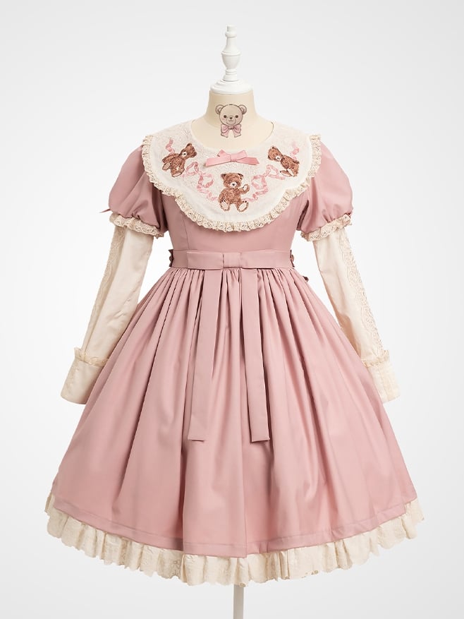 Lace Sleeves Lolita Neckline Embroidered Teddy Dresswith Bear Pink Sweet Trim Puff