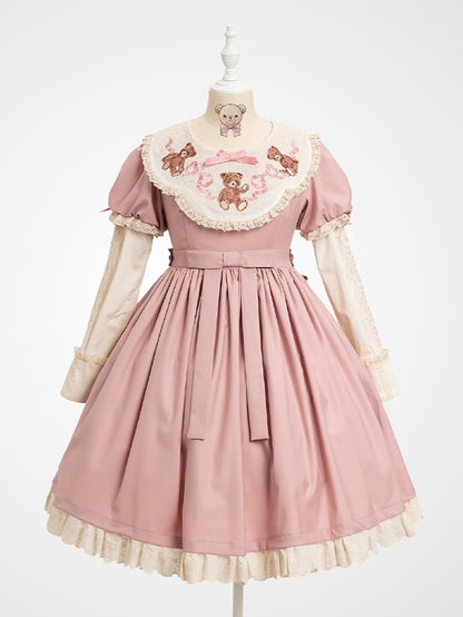 Lace Sleeves Lolita Neckline Embroidered Teddy Dresswith Bear Pink Sweet Trim Puff