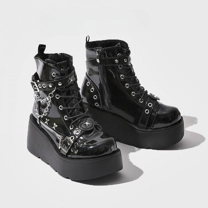 Platform Boots Ankle - Chain Black Charm Detachable Punk