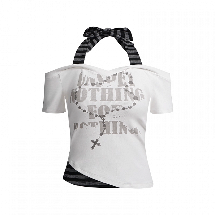 Striped Halter Neck T-shirt Gray White and Y2K Cross Necklace Print