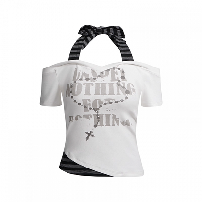 Striped Halter Neck T-shirt Gray White and Y2K Cross Necklace Print