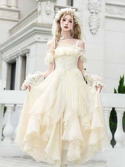 ロリータセット ロング フルドレス スカート バージョン ウエスト クラシック フリル カスケード ボーン ベージュ バスク