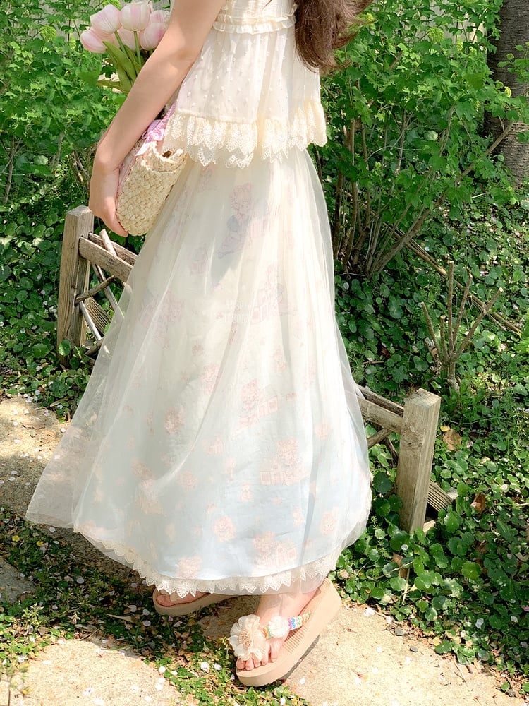 with Overlay Mesh Beige Elastic Waist Cute Cartoon Print Skirt