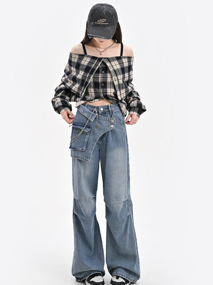 Wide-Leg Jeans Taillendesign Blau Asymmetrisch