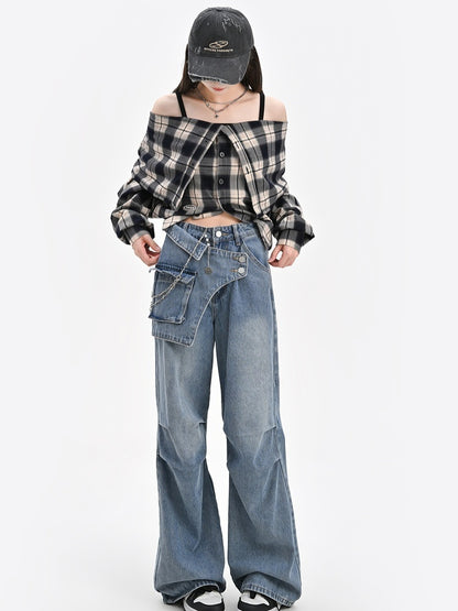 Wide-Leg Jeans Taillendesign Blau Asymmetrisch