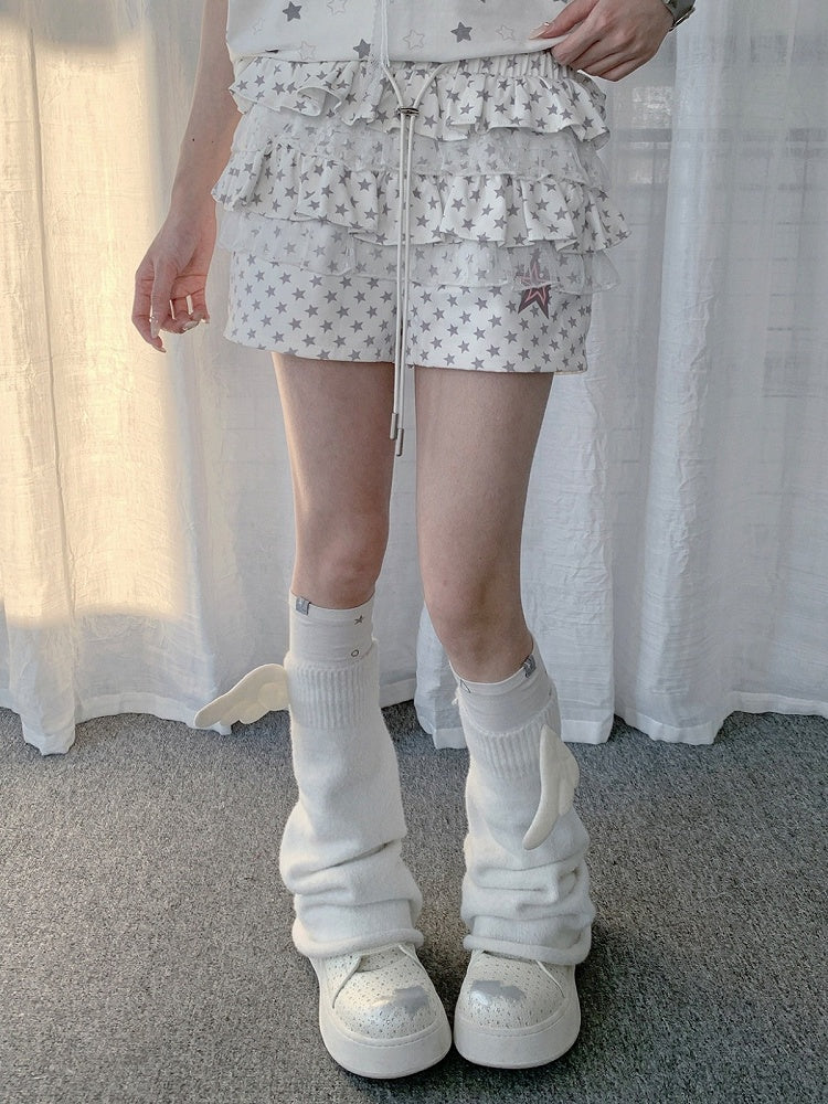 White Layered Ruffle Star Pattern Shorts with Lace Trim - Solkatt