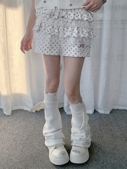 White Layered Ruffle Star Pattern Shorts with Lace Trim - Solkatt