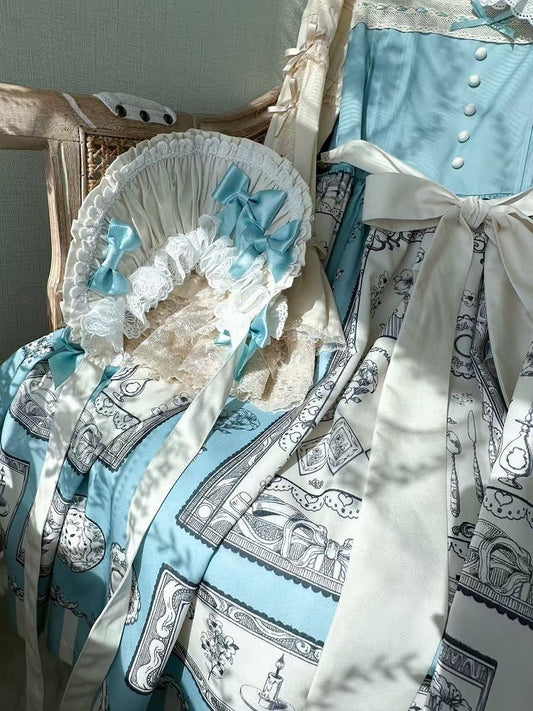 Bonnet Bowkonts Trimmed with Blue Lolita Apricot Lace