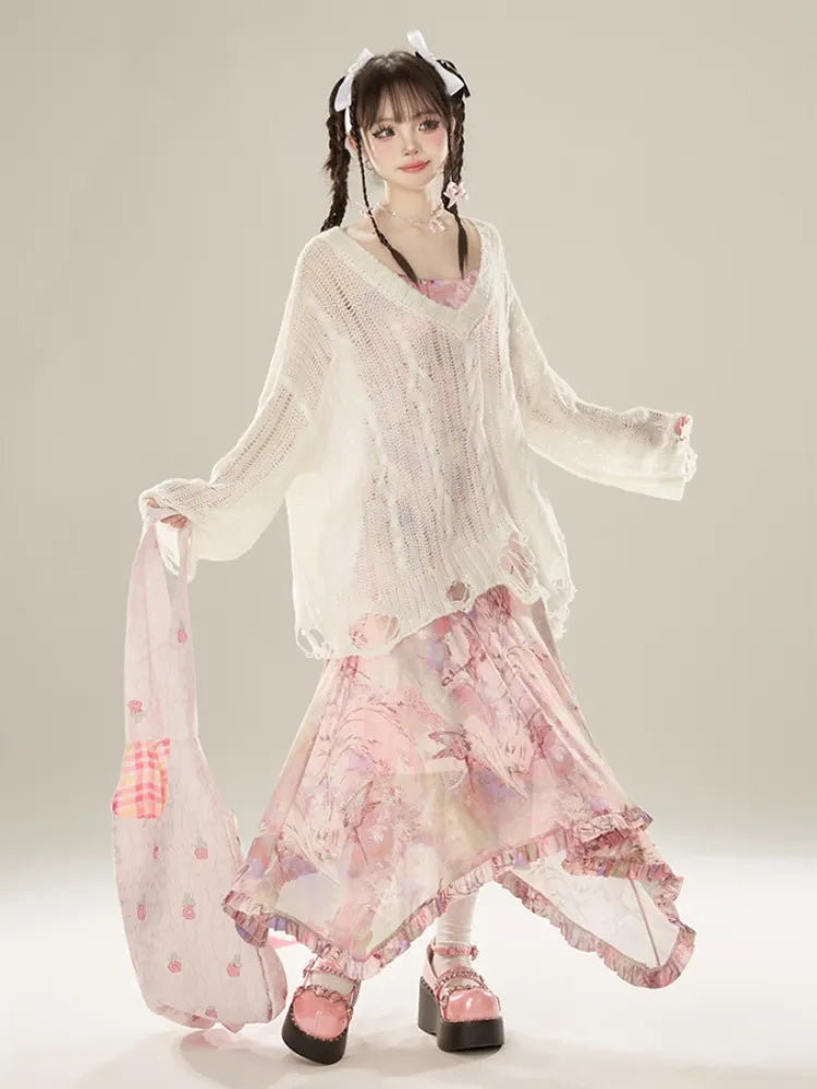 Rosafarbenes, asymmetrisches Midikleid mit Schmetterlingsrüschen und Urlaubssaum