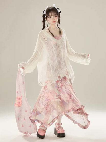 Rosafarbenes, asymmetrisches Midikleid mit Schmetterlingsrüschen und Urlaubssaum