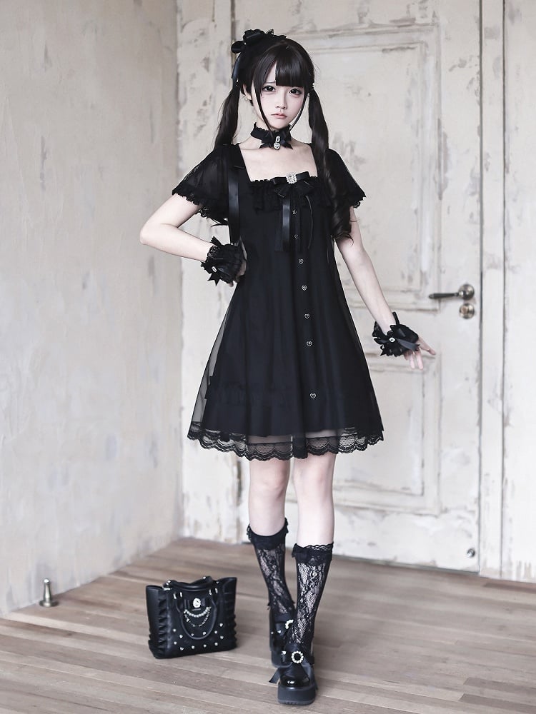 Gothic Square Neck Dress with Bow Accents - Ekomi