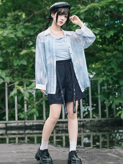 Black Denim-Effect Wide-Leg Shorts with Detachable Chinese Style Embroidered Ribbon - Quirky Hut