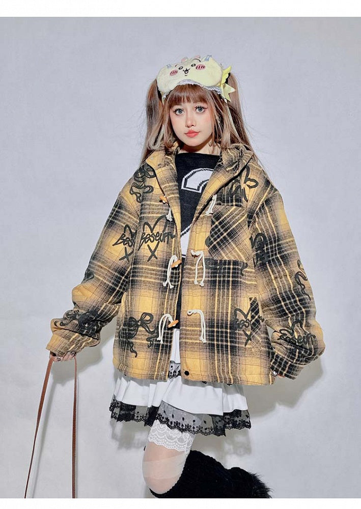 Yellow and Brown Plaid Print Bow Hooded Duffle Coat