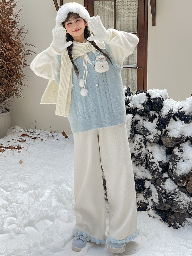Cute Snowman Adorned Blue V-neck Mohair Vest