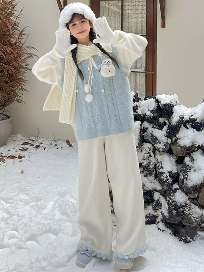 Cute Snowman Adorned Blue V-neck Mohair Vest