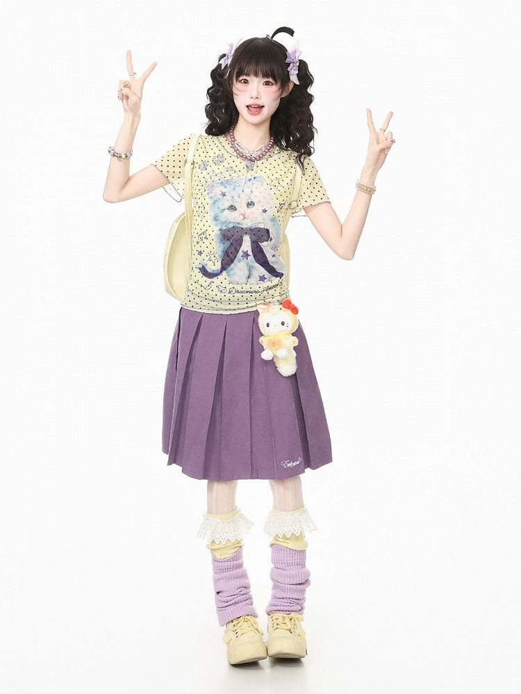 Yellow Purple Mesh Tee with Polka Dot Kitty Pattern - Languid Park