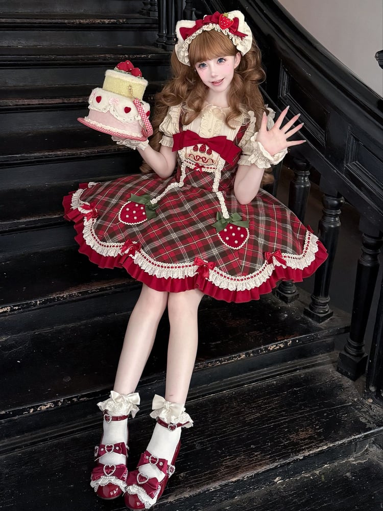 Lolita Plaid Strawberry Sweet Red Hem Scalloped Trim with Tartan Themed Dress Edge