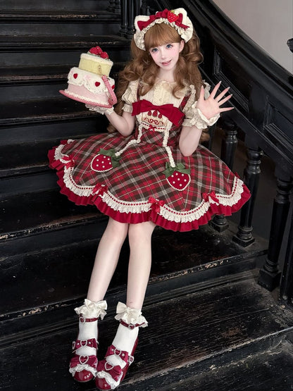 Lolita Plaid Strawberry Sweet Red Hem Scalloped Trim with Tartan Themed Dress Edge