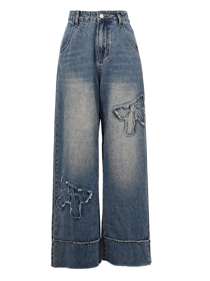 未加工ワイドレッグジーンズ ウエストリボンアップリケ ブルー ローヘム ヴィンテージ