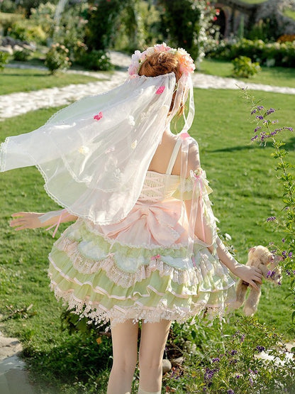 Sweet Lolita JSK Set with Floral Crown and Detachable Sleeves - Sweetheart Macaron Lolita