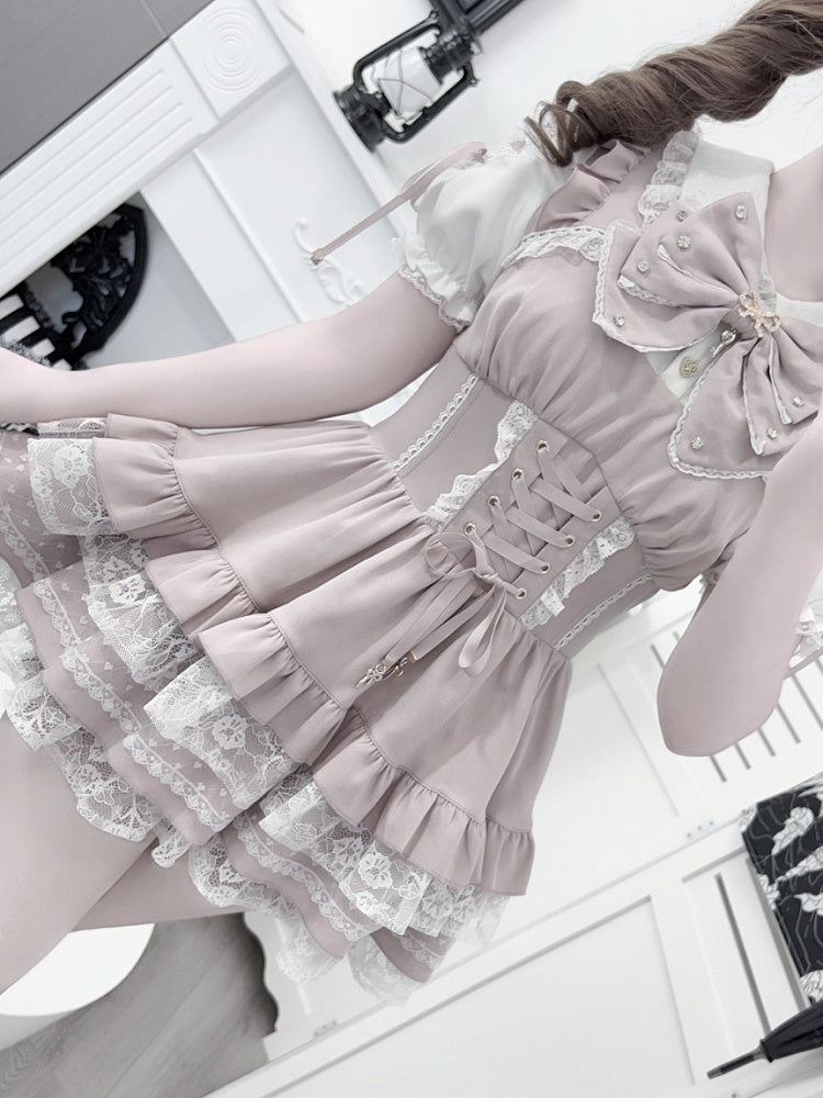 Pink and White Ryousangata Two-Piece Set with Lace and Ruffle - GingaU