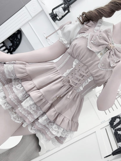 Pink and White Ryousangata Two-Piece Set with Lace and Ruffle - GingaU