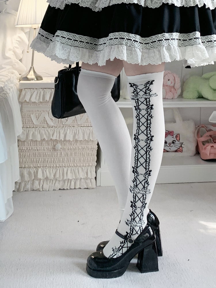 Old School Lolita Overknee-Strümpfe mit Schleife