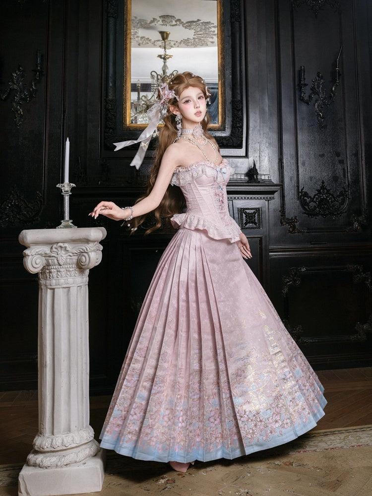 Floral Embroidered Fishbone Bodice Top & Mamian Skirt Set in Modern Chinese Style - San Sheng Du
