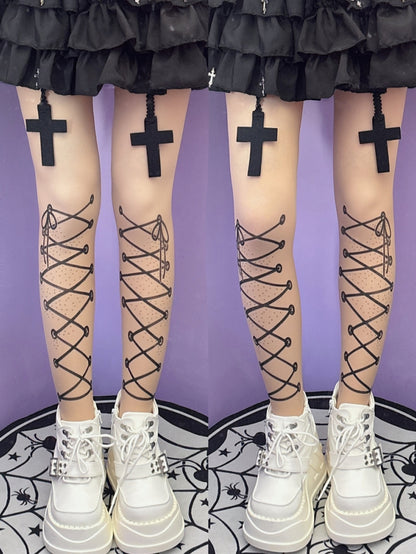 Tights Print Straps Y2K Lace-up Nude