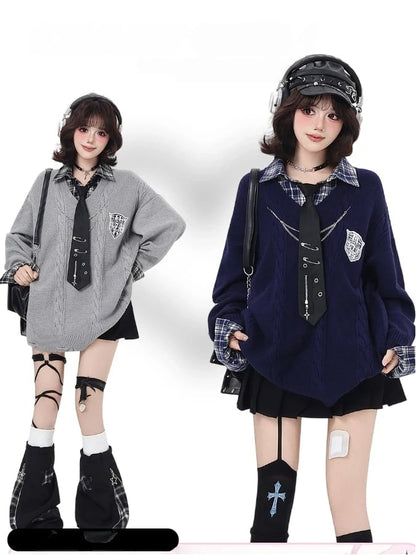 Sweater Retro Gray / Navy Academic Blue Loose Fit Plaid