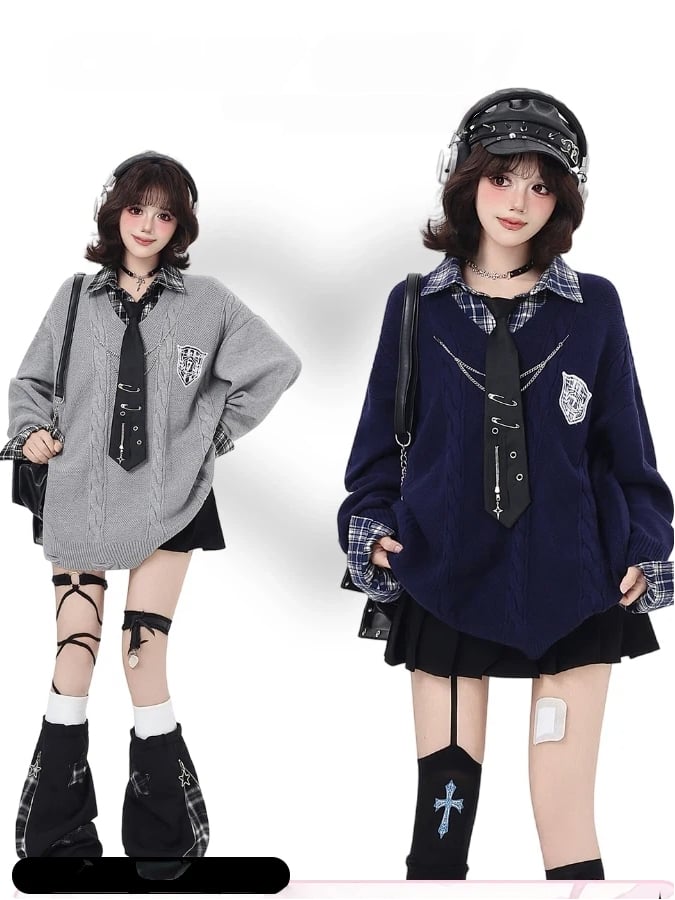 Sweater Retro Gray / Navy Academic Blue Loose Fit Plaid