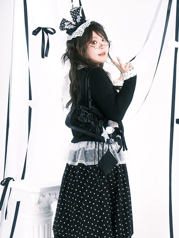 Plus Dot Buttons Cardigan with Polka Size Heart Trim Black Ruffle