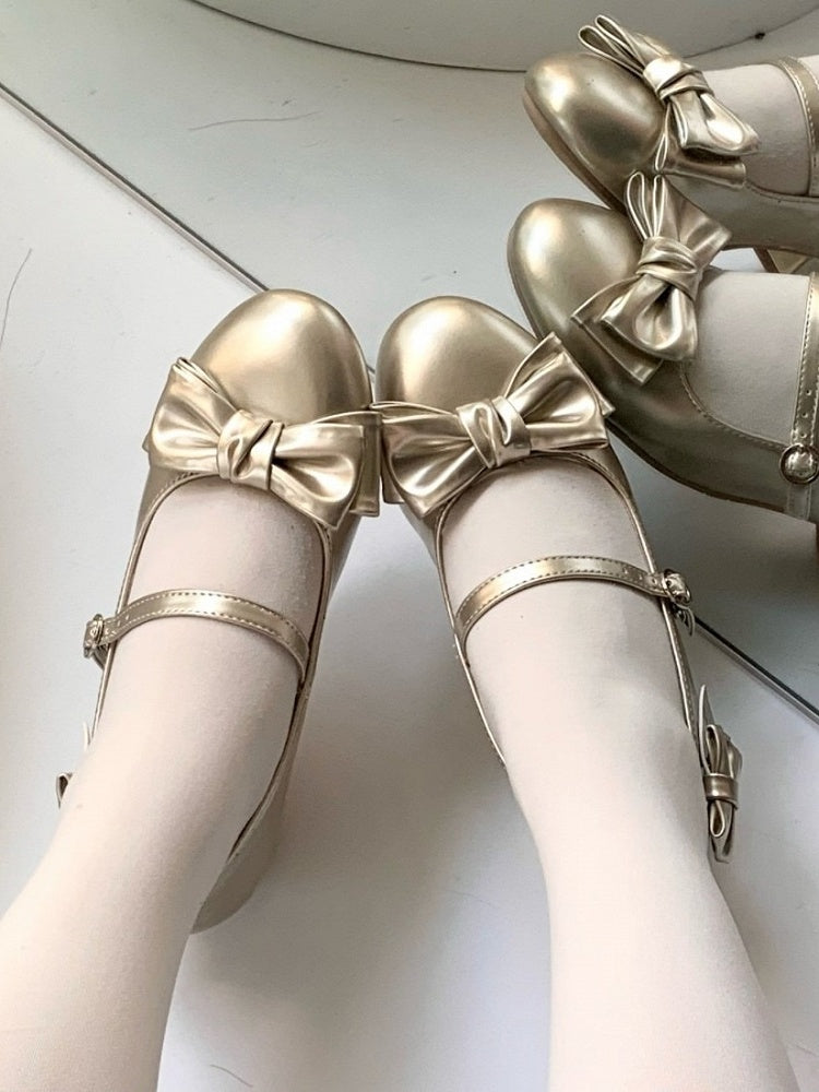 Gold Vintage Round Toe Lolita Shoes with Bow - Unmissable Berry